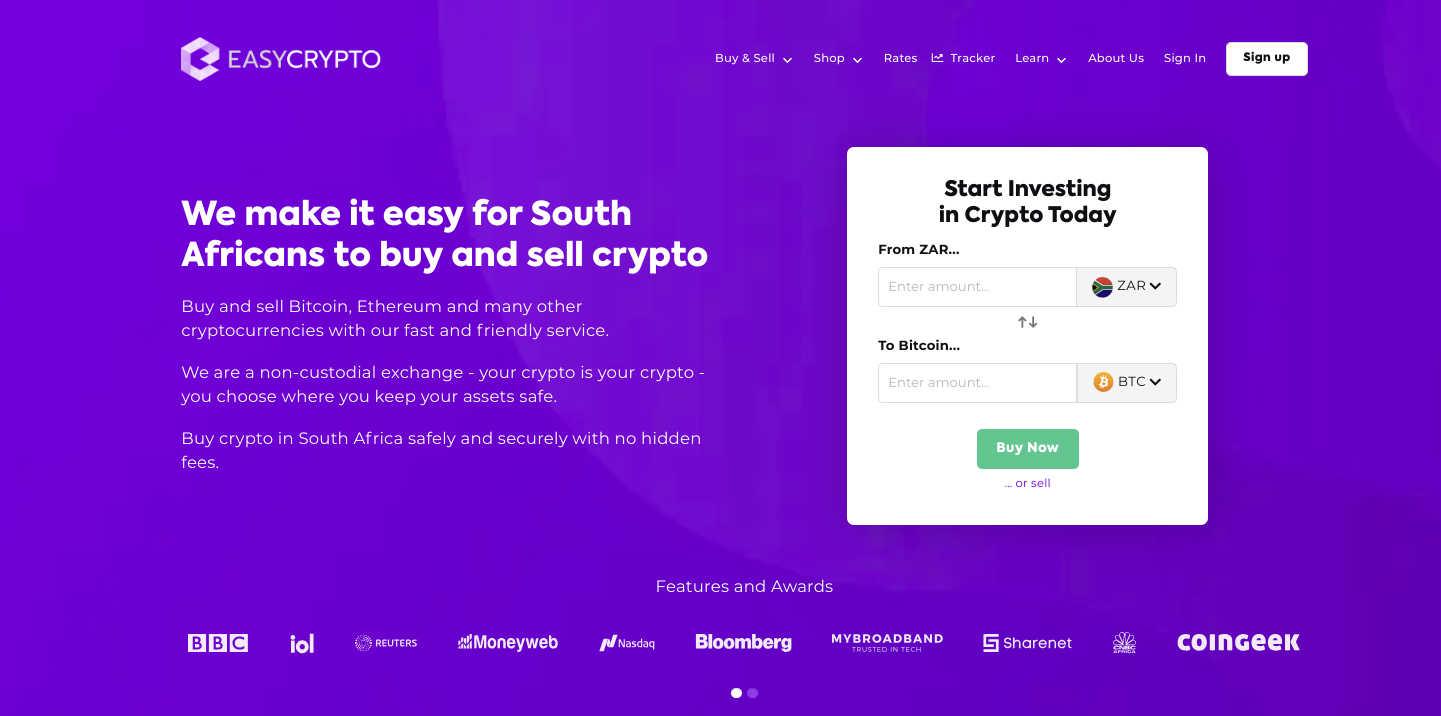 Screenshot of Easy Crypto South Africa Homepage showcasing the BTC and ZAR pairing.