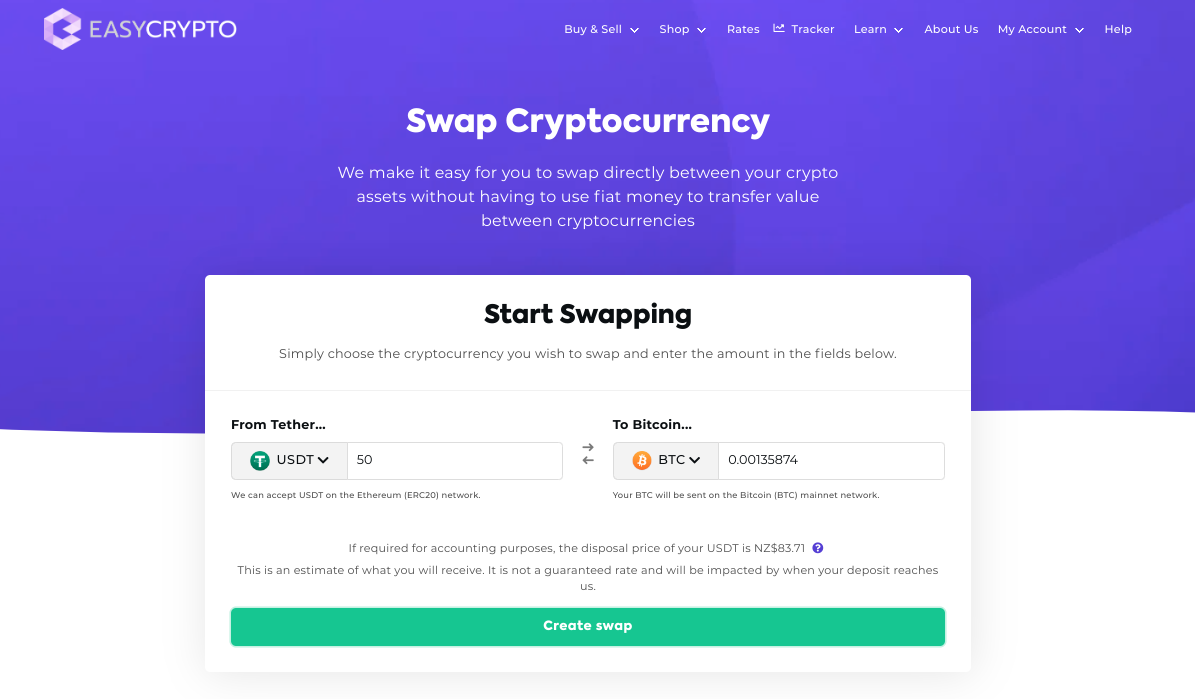 Screenshot of Easy Crypto Swap landing page