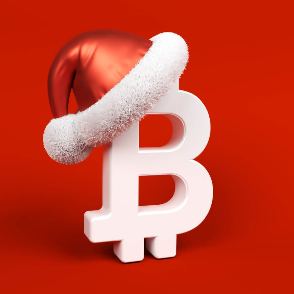 Bitcoin BTC crypto christmas on red background