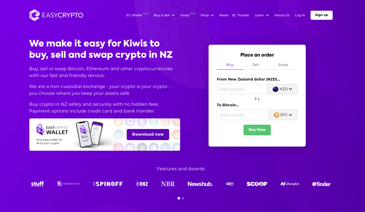 Screenshot of easy crypto new zealand homepage