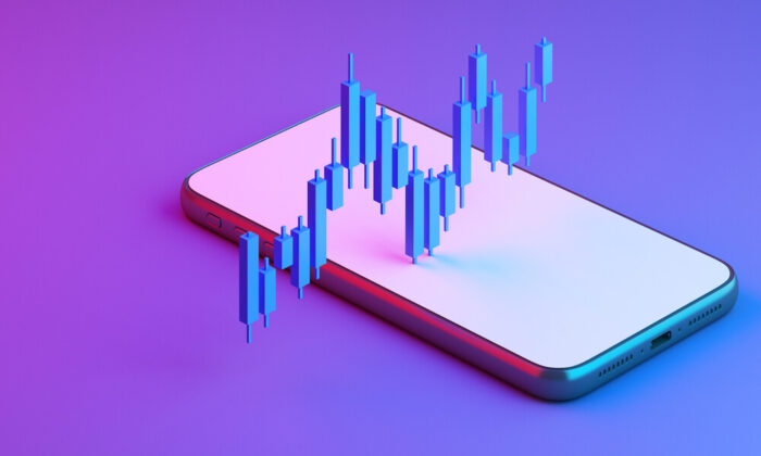 Crypto trading illustration with purple and blue background