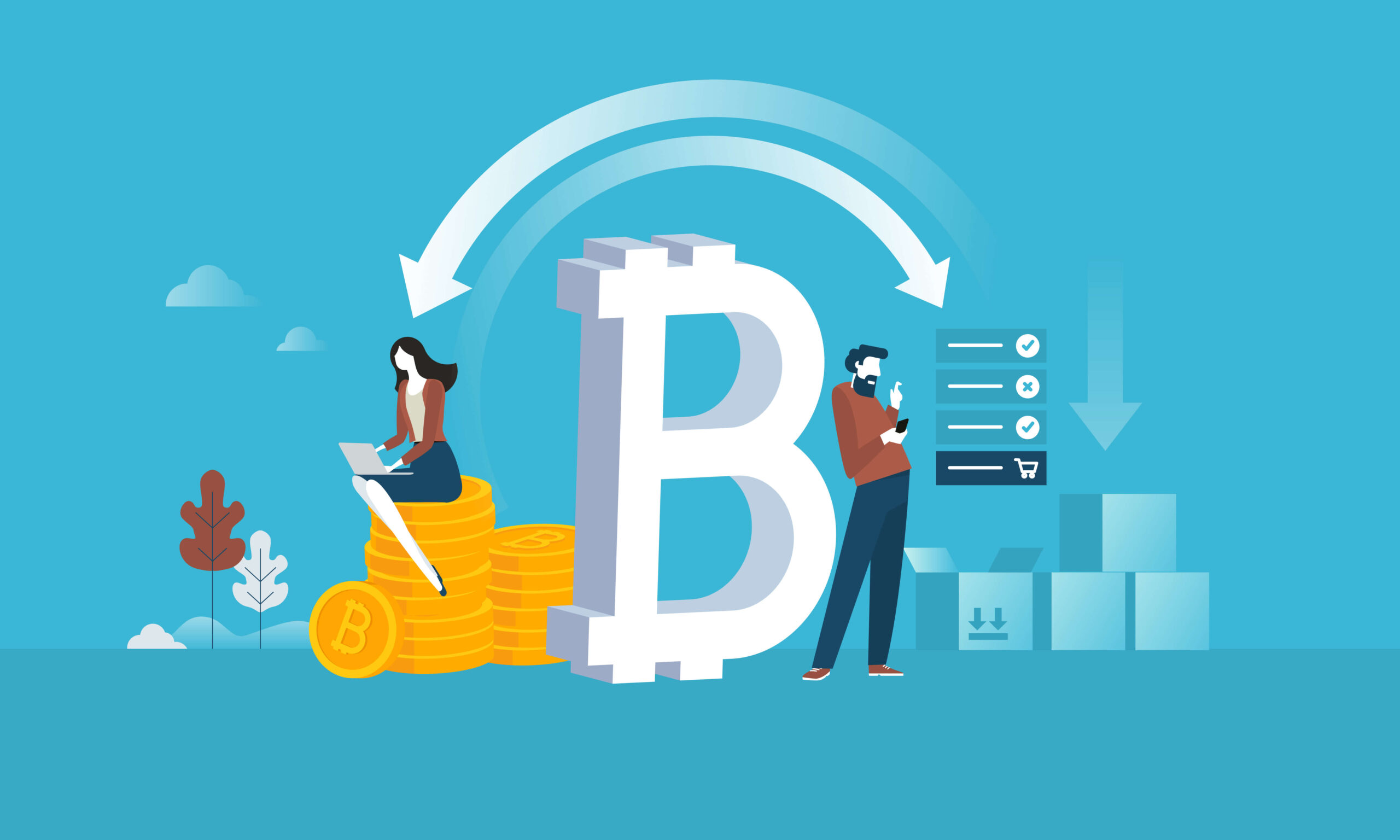 White Bitcoin logo on light blue teal background