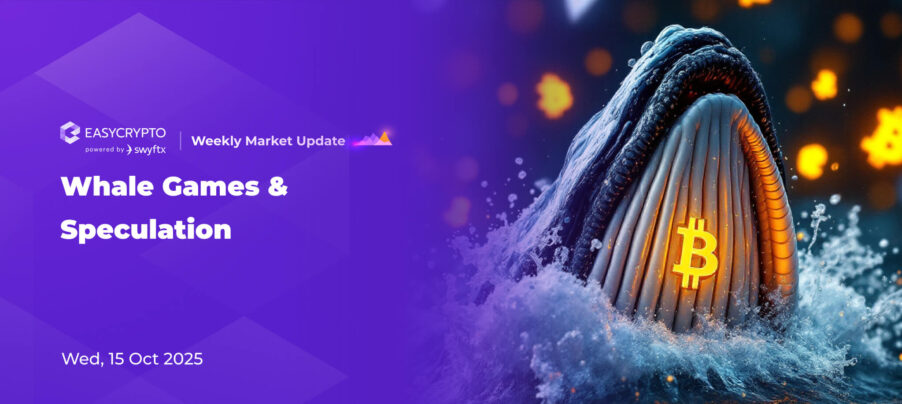 Illustration of a blue whale with an orange Bitcoin logo on its chest rising from the water surface