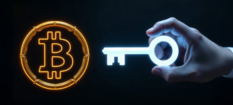 Bitcoin logo with a glowing key held by hand on a black background